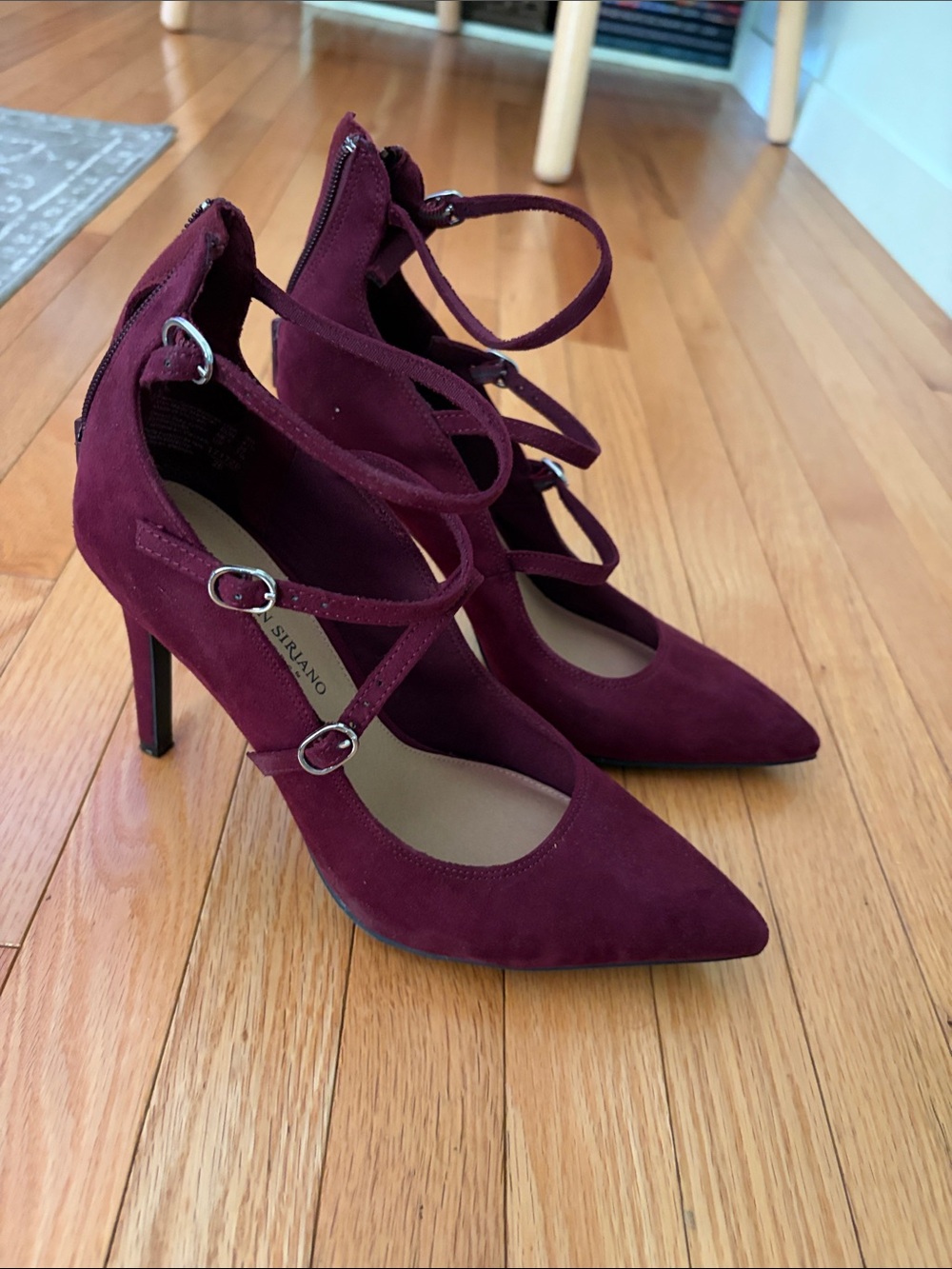 Christian Siriano Burgundy Suede Pointed-Toe Strappy Heels